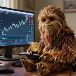wookiee is comfy at home trading crypto. the charts are at all time highs, huge gains, painting by grant wood, 3 d rendering by beeple