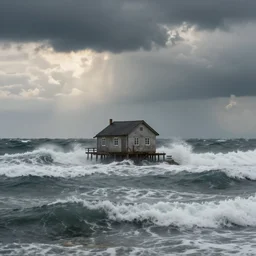 a lonely house in the middle of the sea, the waves crashing, a storm. soft light, hyper realistic, dramatic, 4 k.