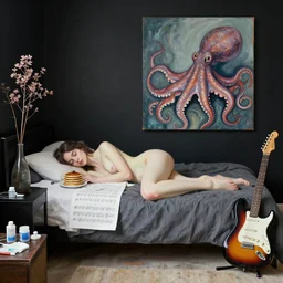 a portrait in a female artist's zen bedroom, black walls, a tall girl sleeping, pancakes, sheet music, electric guitar, surgical supplies, ikebana, sensual, octopus, neo - expressionism, surrealism, acrylic and spray paint and oilstick on canvas