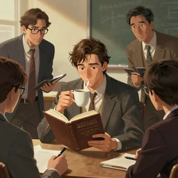 a half human book dressed as a man having coffee with 3 teachers, art by greg manchess, guangjian, detailed digital art, artstation hd