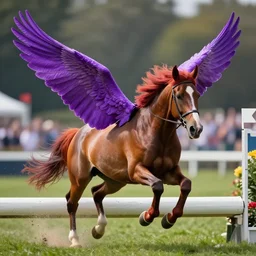digital art action shot from a distance of 2 0 m of a winged appaloosa horse, the wings are unfurled periwinkle color wings, saturated colored mane. the horse is at a steeplechase event, professional, high quality, 4 k, dof, bokeh, action, dramatic lighting, digital art