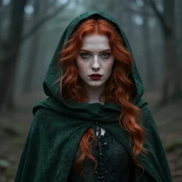 an ethereal high witch with beautiful red hair, in a dark green cowl, dark aesthetic