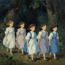 various little russian girls in dress walking in forest at night, very detailed oil painting by studios ghibli, leonardo da vinci, takato yamamoto and makoto shinkai, inspired by balthus and made in abyss, anatomically correct, soft color pallet, sharp focus, extremely coherent, fantasy, realistic, smooth