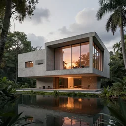 a house designed by ( ( le corbusier ) ) frank lloyd wright mies van der rohe louis kahn surrounded by concrete and jungle reflecting water volumetric lighting daytime vaporwave futurism sunset metal concrete glass windows cloudy skies artstation 8 k photorealism finely detailed unreal engine imax cinematic epic centered rule of thirds brutalist architectural rendering by peter guthrie and greg rutkowski