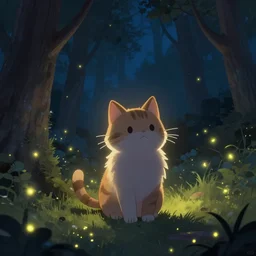 a cat in a forest at night with fireflies, backlighting, trending on artstation, furry art, by kawacy, night lighting, digital art