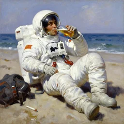 An astronaut chilling at the beach and drinking a beer, oil on canvas by Frank Frazetta, artstation, digital art, WLOP, Mandy Jurgens