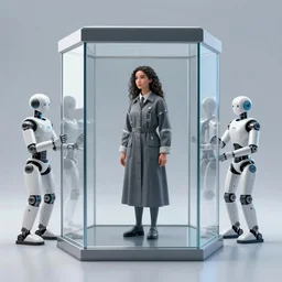 a extremely realistic digital image of a stunning woman imprisoned in a four-dimensional glass box, with extremely realistic robots watching over her by Andrea Chiampo, artstation and Frederik Heyman, extremely detailed woman, stunning volumetric lighting, hyper realism, fantasy 4k