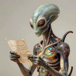 a beautiful intricate fine art portrait photo of an alien xenomorph reading a letter, by tom bagshaw and alphonse mucha, perfection!, studio lighting, side profile view, golden ratio composition, 3 5 mm lens, deep depth of field, artstation, 8 k