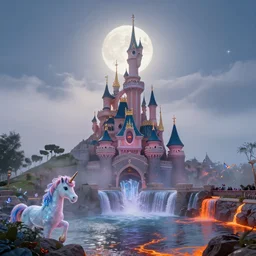 happy disney castle rising up from the mist in the morning silhouetted by a single huge moon, realistic, unreal engine, 8k, wide angle, f12, waterfall, butterflies, unicorn, crystal lake, anders zorn, thomas kincade, trending on artstation, lava, dungeons and dragons, fun, happy