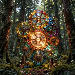 a forest made of colorful glass steampunk gears octane render, internally glowing