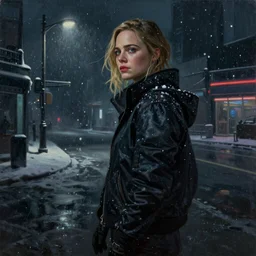 Elle Fanning stalking her prey at night in Cyberpunk 2077 in the world of Edward Hopper, stormy snowy weather, streetlights, extremely detailed masterpiece, oil on canvas, low-key neon lighting, artstation, Blade Runner 2049, Roger Deakin’s cinematography, by J. C. Leyendecker and Peter Paul Rubens,