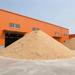 taiwanese sawmill factory orange building, big pyramid shaped piles of wood chips