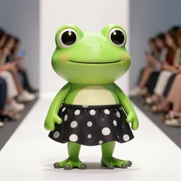 fashion show event where a super cute smiling green tree frog is wearing a polka dot skirt, photo realistic, unreal engine, trending on artstation