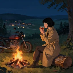 Last artwork by Jakub Rozalski, Top rated on artstation. Panoramic photograph on a girl with short black hair and green eyes in a tan trenchcoat sitting on a log and drinking tea by the campfire by her motorcycle at night, ray tracing, large landscape with village, in the style of Jakub Rozalski