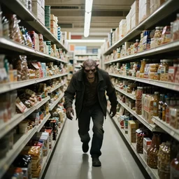 being hunted by a monster in a labyrinth of market store aisles. liminal. dramatic lighting