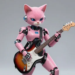 a portrait of an anthropomorphic cyberpunk pink cat shredding an electric guitar by sandra chevrier, by jon foster, detailed render, epic composition, cybernetics, 4 k realistic, fender stratocaster, cryengine, realistic shaded lighting, sharp focus, masterpiece, by enki bilal