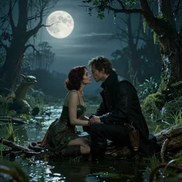 a couple sharing a romantic moment under the moonlight, by gustave courbet and franz xaver winterhalter, style of the matrix, in the swamp, monster rancher