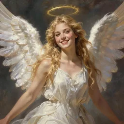 a painting of an angel, a young woman with long blond hair and a halo smiling in heaven, jessica rossier