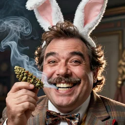 hyper realistic, close up portrait of a mega derpy john candy, big chungus, with bunny ears, smoking massive amounts of weed, big smile, buck teeth, hillbilly, by greg rutkowski, scott m fischer, artgerm, loish, slight glow, atmospheric, anne stokes, alexandros pyromallis