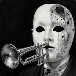 highly detailed oil painting | very intricate | cinematic lighting | black and white, black background | the trumpet mask by alexander mcqueen | by roberto ferri, by leng jun, by j. c. leyendecker and klimt, american romanticism, by austin osman spare, artstation, cgsociety, official art, octane