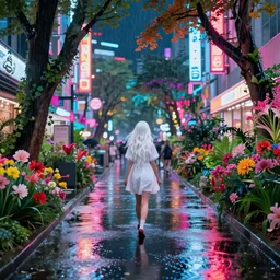 white haired girl walking in a vibrant flooded tokyo at night, rainy day, neon lights lots of trees, dense vegetation, unreal engine, high octane,, volumetric lighting, exposure ambient lighting, blooming flowers,, cinematic, subtle, vibrant colors, photo, ultra realistic, hyper realistic, extreme detail,, 4 k, 8 k, hdr,