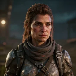 aloy from horizon : forbidden west at night. photoreal, closeup portrait. shallow depth of field field.