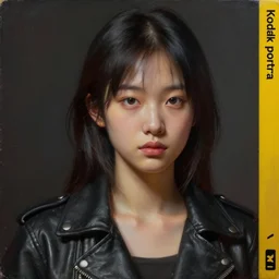 clothed, worksafe. instagram photo, kodak portra. by wlop, ilya kuvshinov, krenz cushart, greg rutkowski, trending on pixiv. zbrush sculpt, octane, maya, houdini, vfx. close - up face of a cute japanese filipino girl wearing leather jacket. oil painting. cinematic dramatic atmosphere, sharp focus, volumetric lighting.