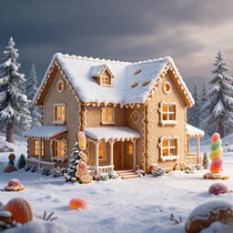 professional high quality wide - angle digital art from 5 0 feet in the distance of a home designed by frank lloyd wright made out of gingerbread cookies and giant gumdrops. it's a wintery delightful scene. photorealistic, epic fantasy, awe inspiring, dramatic lighting, cinematic, extremely high detail, cinematic lighting, trending, artstation, cgsociety, 3 d ue 5, 4 k, hq