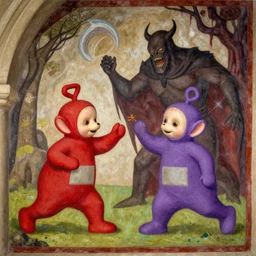 Medieval mural of the teletubbies fighting against the Doomslayer from Doom in hell, 4k