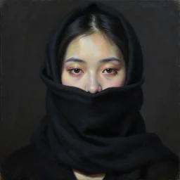 hyperrealism oil painting, portrait fashion model, face is wrapped in a black scarf, sad eyes, dark background, in style of classicism mixed with 8 0 s japanese sci - fi books art