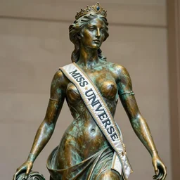 detailed photo of an old bronze patina statue of miss universe, full body portrait, various pose, photorealism, intricate detail, museum diffuse lighting