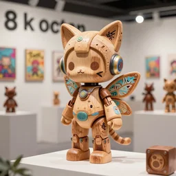 8 k octan, advertising, highly detailed, photo, a totally wooden figurine collectible tin toys art toys wooden on feet, very cute fairy cyborg zen, with cat ears, cyberpunk, graffiti ratio, design, showroom dealership indoor display convention exhibition a contemporary art gallery masterpiece