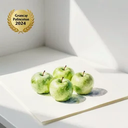 watercolor painting of green fresh apples on white paper, bright, white table, white walls