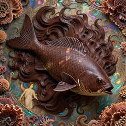 song of the hurricane, detailed beautiful giant fish, chocolate, opulent swirling hair, iridescent, organic background, art by wlop, peter morebacher, greg rutkowski, craig mullins, ruan jia, thomas kinkade, victor ngai, ernst haeckel, alphonse mucha, unreal engine, blender, octane, ray tracing. fractal coral, sharp focus, masterpiece,