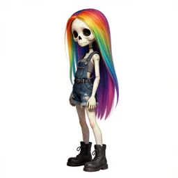 a grungy skull woman with rainbow hair, sally, soft eyes and narrow chin, dainty figure, long hair straight down, torn overalls, short shorts, combat boots, basic white background, side boob, symmetrical, single person, style of by jordan grimmer and greg rutkowski, crisp lines and color,