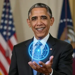 Obama has a Astrology Magic Circle Blue Light floating above his hand, Obama is smiling towards the viewer, 40nm lens, 4k,