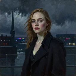 Elle Fanning in Bloodborne in the world of Edward Hopper, stormy weather, extremely detailed masterpiece, oil on canvas, low-key neon lighting, artstation, Blade Runner 2049, Roger Deakin’s cinematography, by J. C. Leyendecker and Peter Paul Rubens,