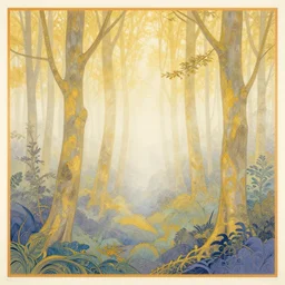 a foggy golden forest, colored woodcut, poster art, by Mackintosh, art noveau, by Ernst Haeckel, bright pastel colors