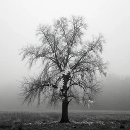 a black and white photograph of a dried melting tree with white leaves, in fog