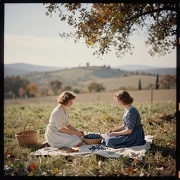 kodak portra 4 0 0, wetplate, muted colours, blueberry, 1 9 3 0 s style, award winning portrait of a sunny tuscan countryside in autumn, haze, motion blur, picknick, by georges melies and by britt marling, no people