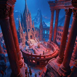 close shot angle from above of epic intrincated colliseum fantasy landscape, vibrant blue and red vivid high contrast color scheme, highlights!, atmospheric perspective, large ancient giant colums!!!, gothic architecture!!!!, giant church of the gods!!!, pointy risks mountains, in the style of gil elvgren and marius borgeaud