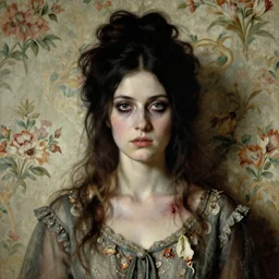 a beautiful and eerie baroque painting of a beautiful but serious woman in dead space, with haunted eyes and dark hair piled on her head, 1 9 7 0 s, seventies, floral wallpaper, wilted flowers, a little blood, morning light showing injuries, delicate embellishments, painterly, offset printing technique, by brom, robert henri, walter popp