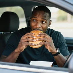 duane johnson eating a hamburger in his car