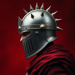 side - view portrait of a knight, kaldor helmet with spikes on top, cranium face, red background, very masterful