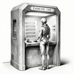 sadie sink as a miner inside a minimalist steampunk automated kiosk with options to choose from. black and white, pencil and ink. scifi cyberpunk. by gabriel hardman, joe alves, chris bonura. cinematic atmosphere, detailed and intricate, perfect anatomy