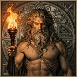portrait of god prometheus in front of biomechanical gate holding an lit flaming torch with long tangled beard, sharp eyes, hyper realistic face, fantasy art, greg rutkowski, intricate, alphonse mucha, hyper detailed engraving, concept art, elden ring, illustration, smooth, sharp focus, by gustave dore and greg rutkowski