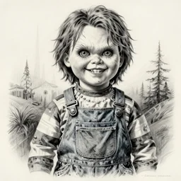 drawing of chucky by - Zdzisław Beksiński , loony toons style, horror themed, detailed, elegant, intricate