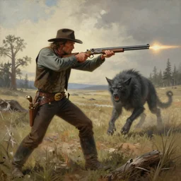 a ultradetailed landscape of sam winchester as an old west gunfighter shooting at a charging wendigo, masterpiece, 8 k, art by rembrant and albert bierstadt