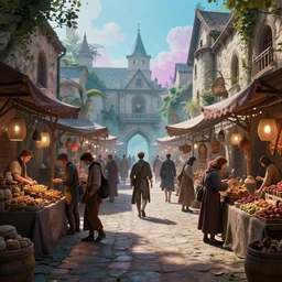 inside of a medieval era bazaar, vaporwave aesthetics, 8 k uhd, unreal engine, octane render in the artstyle of finnian macmanus, john park and greg rutkowski