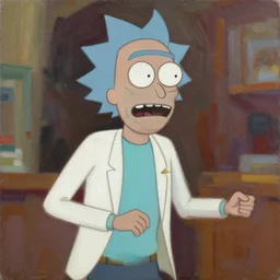real life rick sanchez, painting by phil hale, fransico goya,'action lines '!!!, graphic style, visible brushstrokes, motion blur, blurry, visible paint texture, crisp hd image